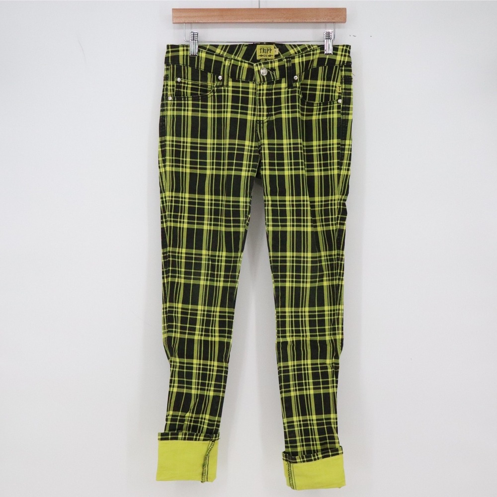 Tripp NYC Pants Womens 5 Skinny Plaid Lime Green Skull Rivet Alternative Exc